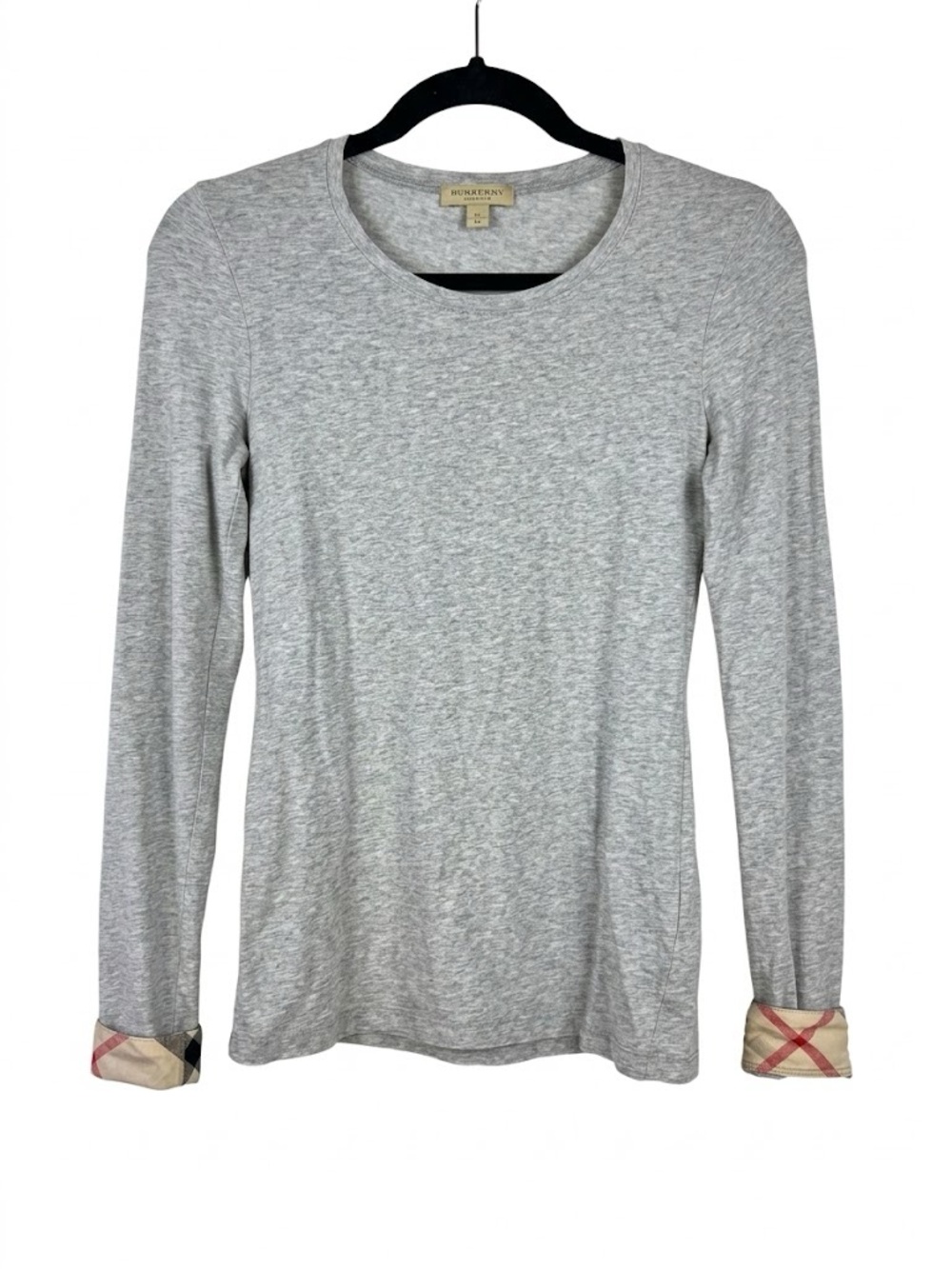 Burberry Brit Grey Long Sleeve Top Nova Check Plaid Cuffs XS Cotton